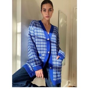 Aritzia Babaton Merino Wool Lacer V-Neck Tweed Cardigan Sweater Blue & White